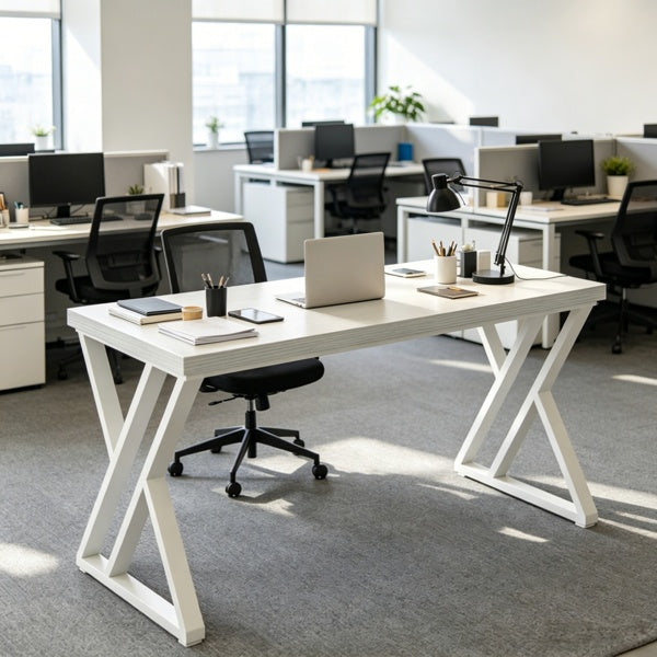 Industrial writing desk with Z-shaped legs, rustic wood and black