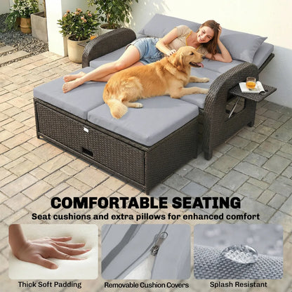 Wicker Outdoor Daybed with Storage Ottoman and Adjustable Backrest, Gray Cushions
