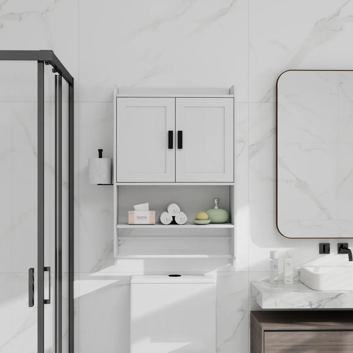 Bathroom Wall Cabinet with Adjustable Shelf, Towel Bar and Paper Holder, White