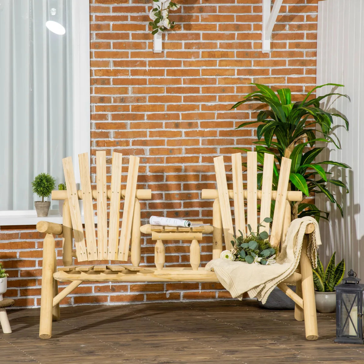 2-Seat Wooden Adirondack Loveseat Bench with Table, Natural