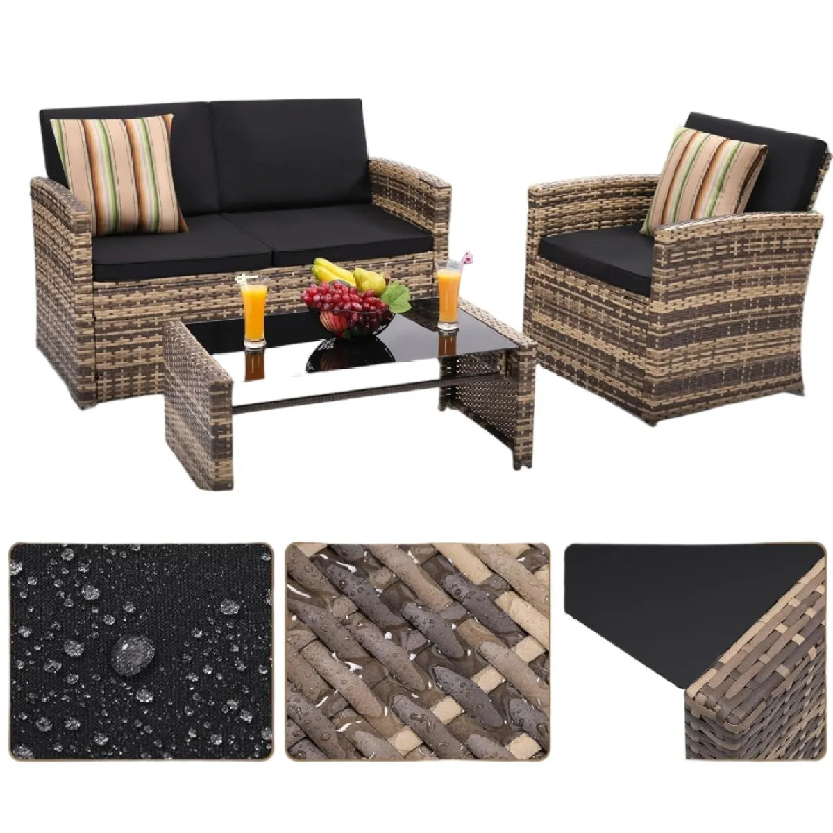 4-Piece Wicker Patio Conversation Set with Cushions and Glass Top Coffee Table, Brown