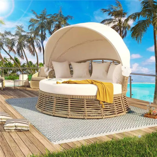 Round Wicker Outdoor Daybed with Retractable Canopy and Removable Cushions, Beige