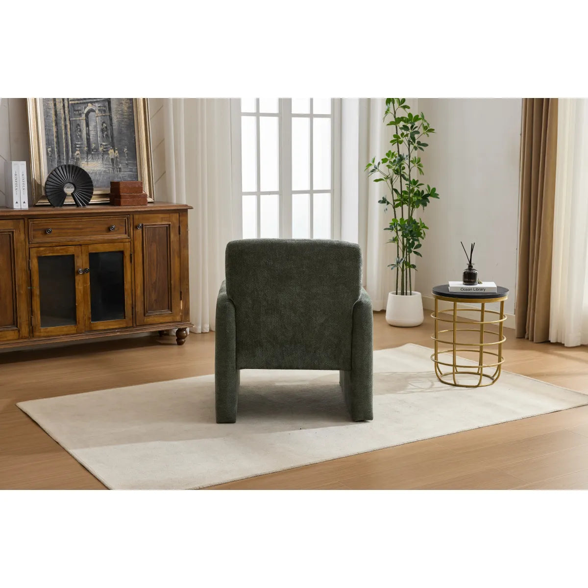 Contemporary Boucle Fabric Accent Armchair, Antique Green