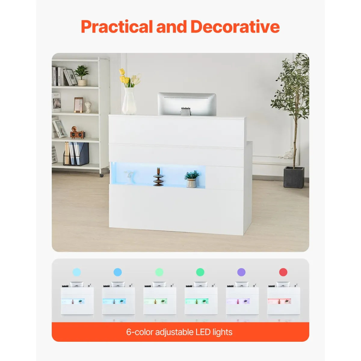 Modern Reception Desk with LED Lighting and Drawers, White