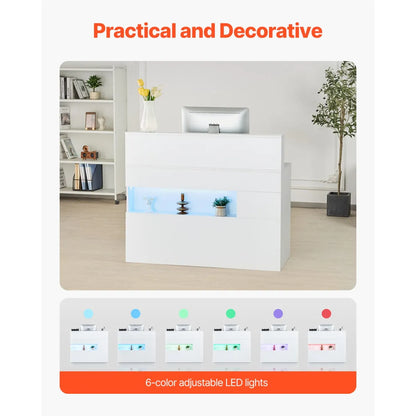 Modern Reception Desk with LED Lighting and Drawers, White