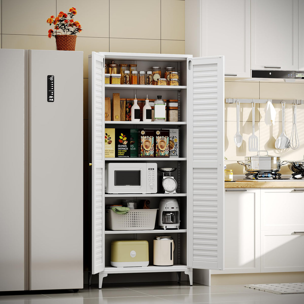 74 inch metal pantry storage cabinet, white