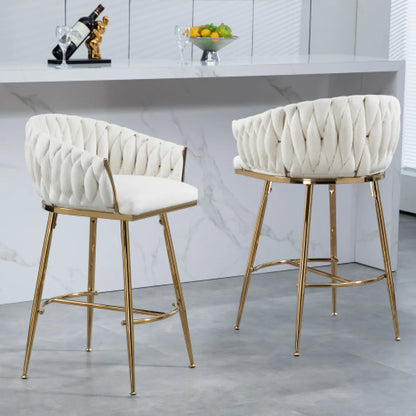 Velvet Wave-Back Counter Height Bar Stool with Gold Base, Beige