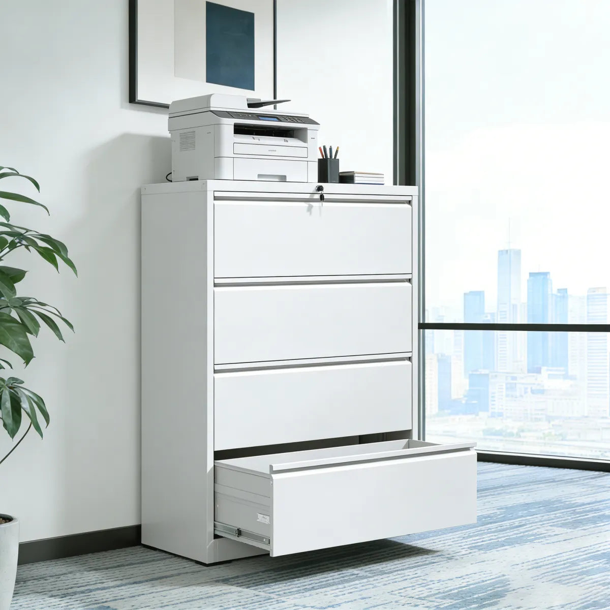 4-Drawer Lateral Metal File Cabinet with Lock, White, Heavy Duty
