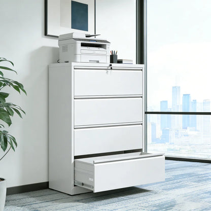 4-Drawer Lateral Metal File Cabinet with Lock, White, Heavy Duty