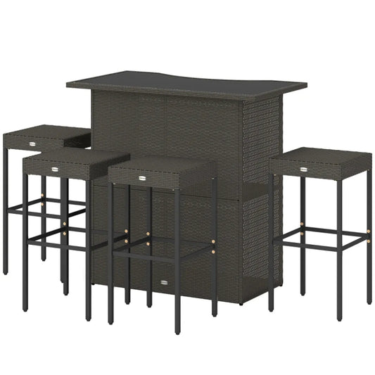 5-Piece Rattan Wicker Outdoor Bar Height Table and Stool Set, Brown