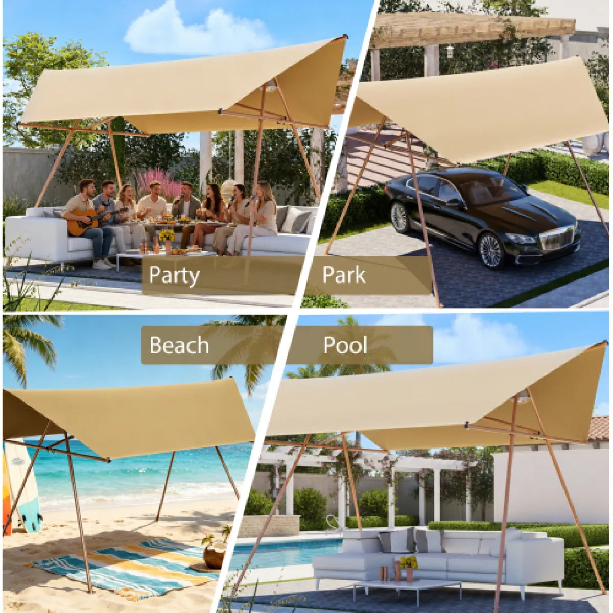 Hexagonal Sun Shade Sail Canopy with Rust-Resistant Poles, Light Khaki