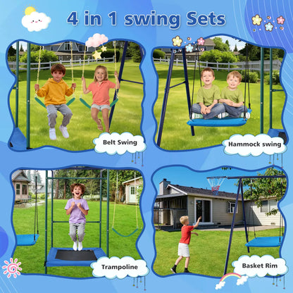 4-in-1 Outdoor Swing Set with Belt Swings, Hammock Swing, Trampoline and Basketball Hoop