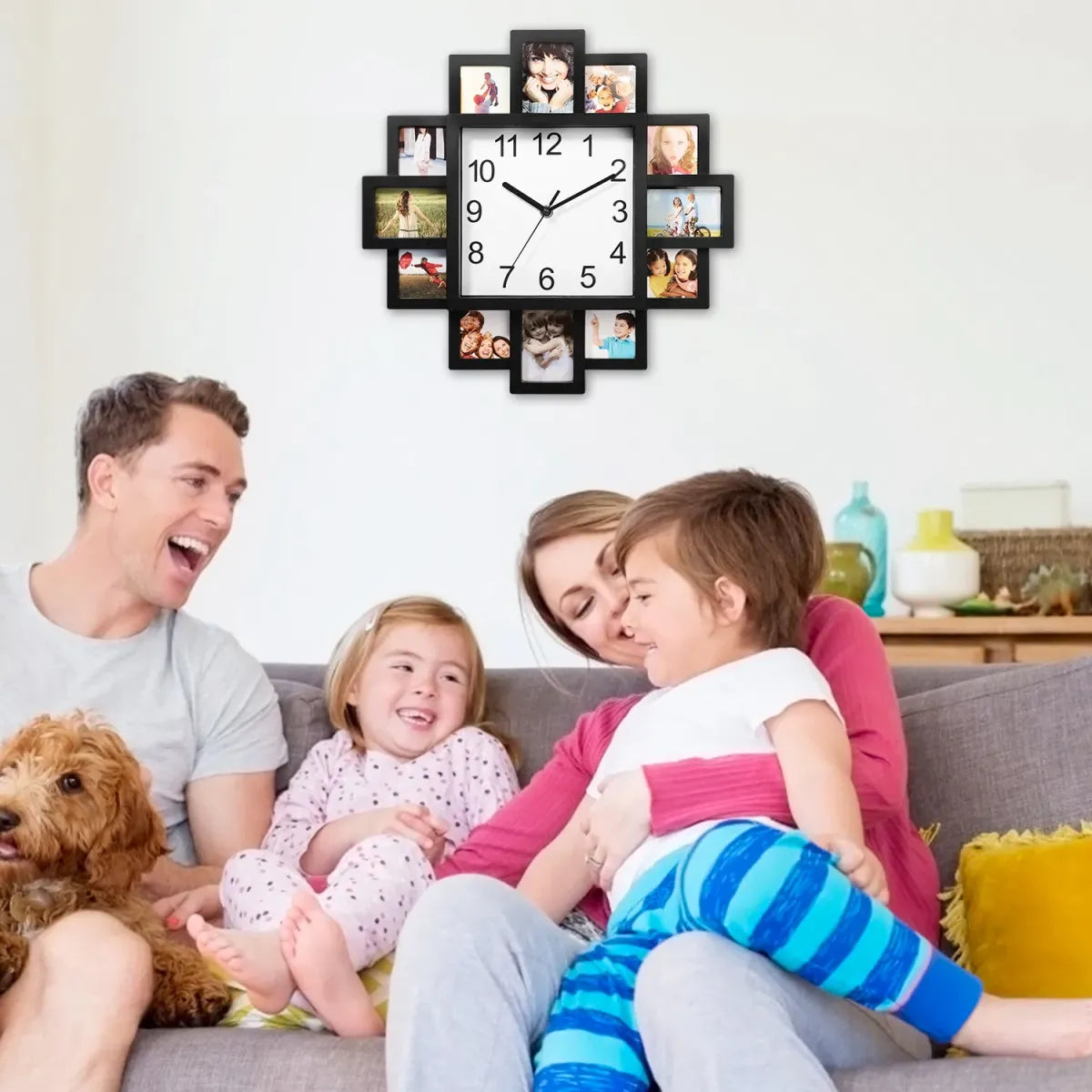 Photo Collage Wall Clock, 12-Slot Farmhouse Picture Frame Design