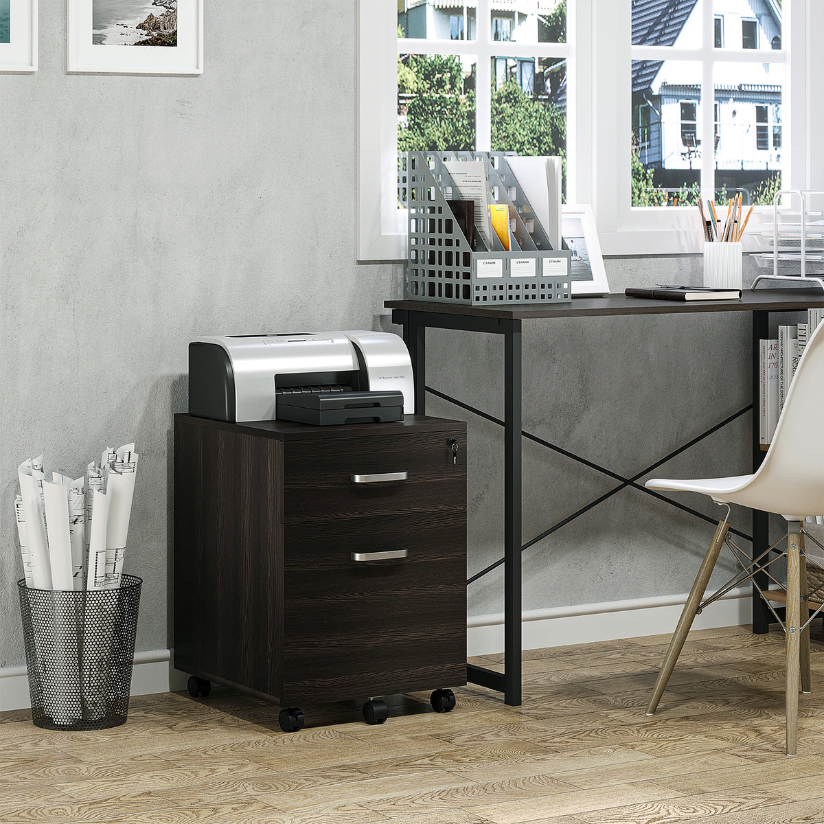 Compact rolling filing cabinet, black wood grain