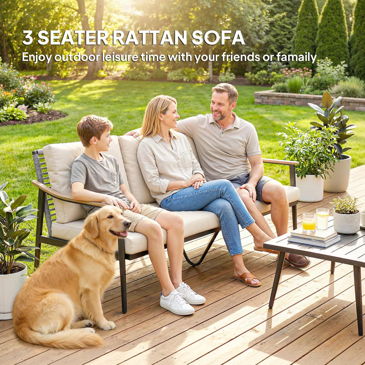 3-Seater Outdoor Patio Sofa with Wood-Effect Armrests, Wicker Backrest and Cushions, Khaki