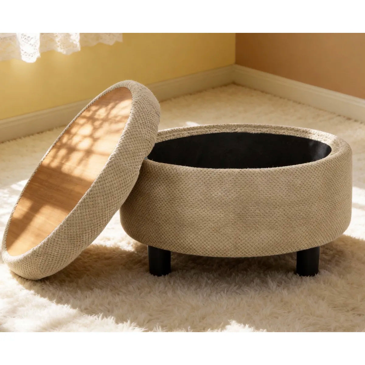 25" Round Storage Ottoman – Wooden Top Coffee Table & Footstool, Camel Fabric – view 3