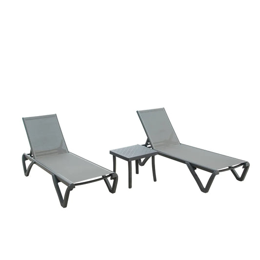 Set of 3 Aluminum Patio Chaise Lounge Chairs with Side Table, 5-Position Adjustable, Gray
