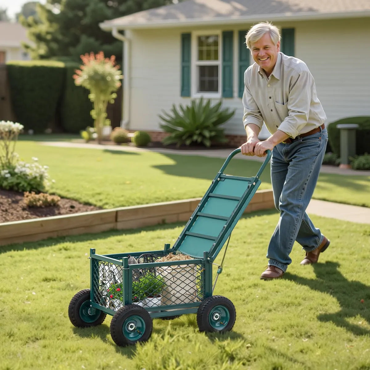 Rolling Garden Seat with Storage – Heavy-Duty Metal Gardening Cart Stool