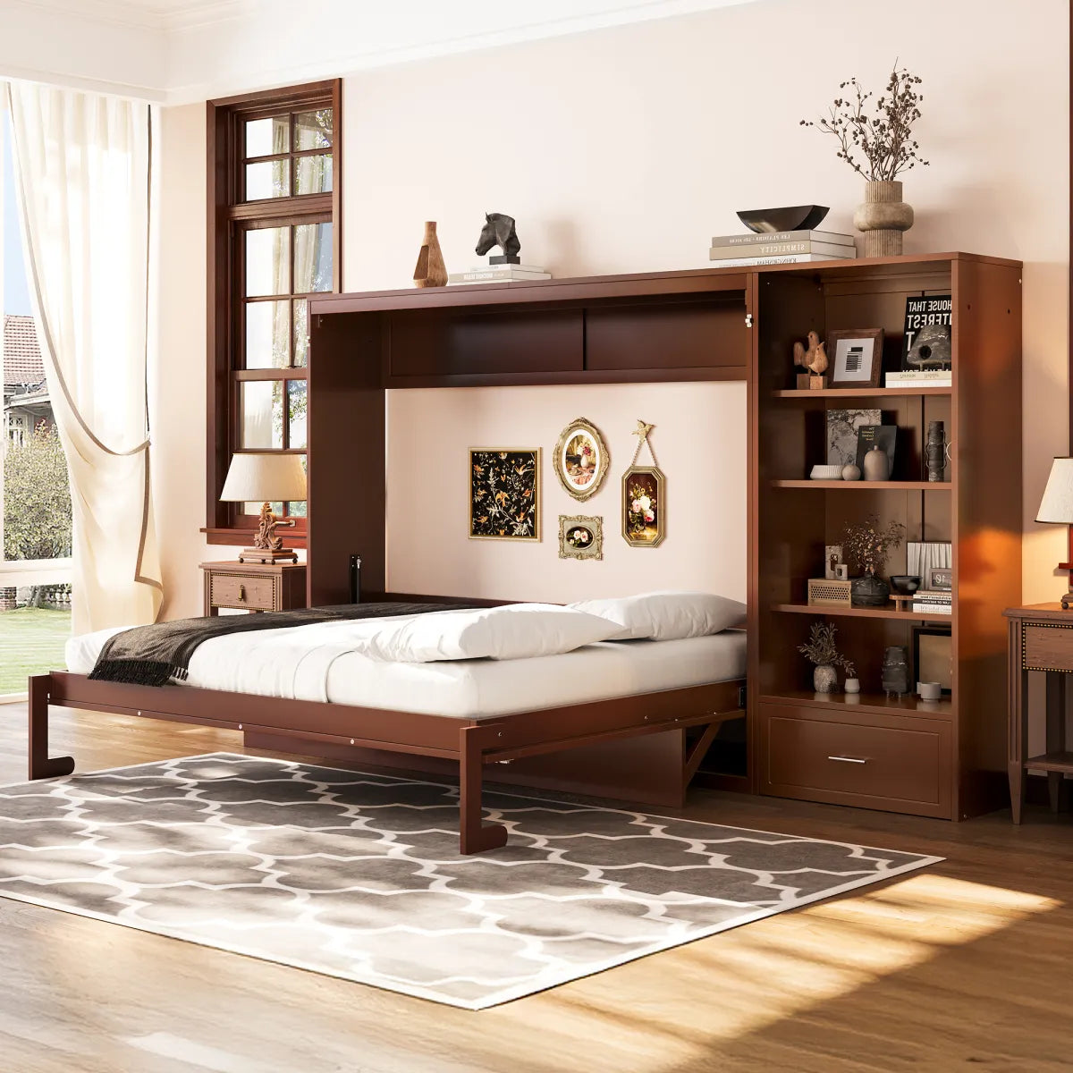 Queen Murphy Wall Bed with Adjustable Side Shelves and Drawer, Walnut
