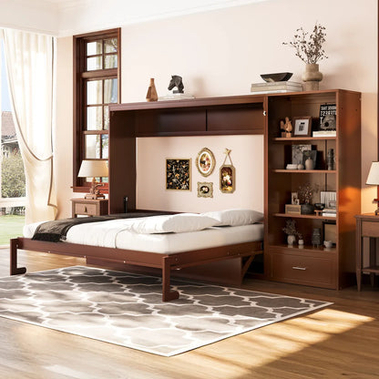 Queen Murphy Wall Bed with Adjustable Side Shelves and Drawer, Walnut