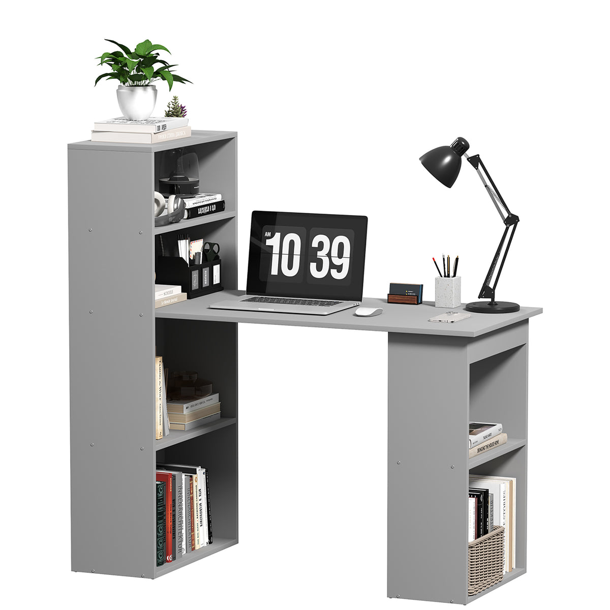 Compact computer desk with 6-tier bookshelf, gray