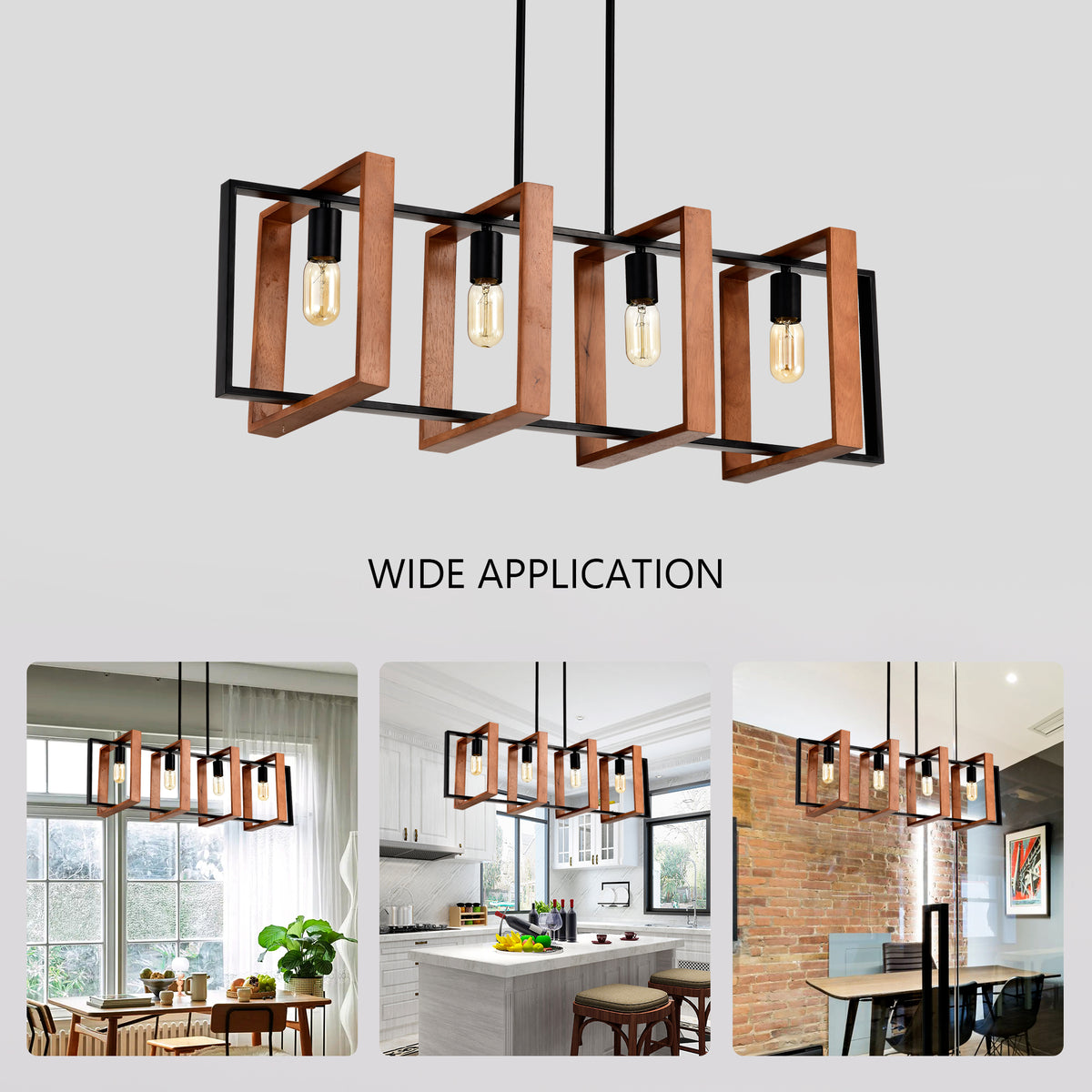 4-light farmhouse rectangular pendant, wood and black