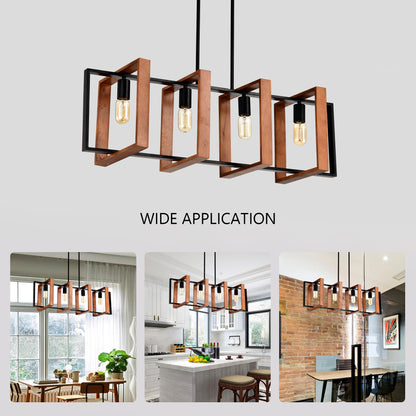 4-light farmhouse rectangular pendant, wood and black