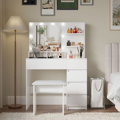 Hollywood Lighted Makeup Vanity Desk Set – Particle Board & MDF with Stool, White Bedroom