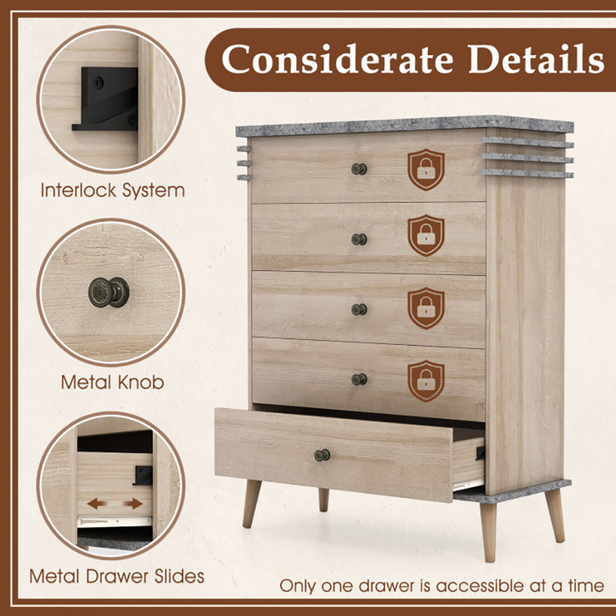 5-Drawer Farmhouse Dresser – Wood & Metal, Tall Bedroom Storage – view 7
