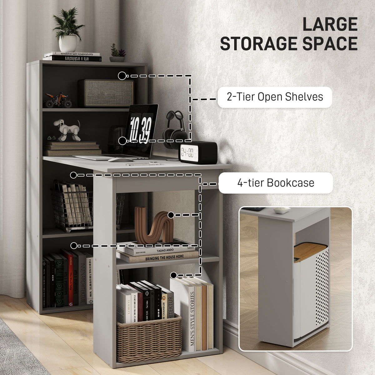 Compact computer desk with 6-tier bookshelf, gray