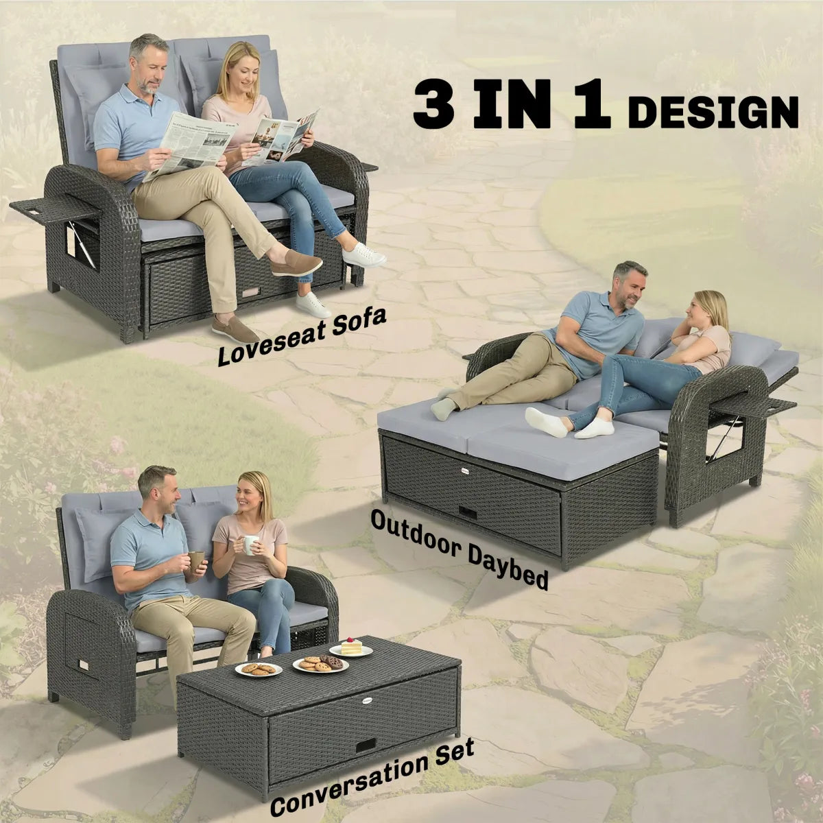 Wicker Outdoor Daybed with Storage Ottoman and Adjustable Backrest, Gray Cushions
