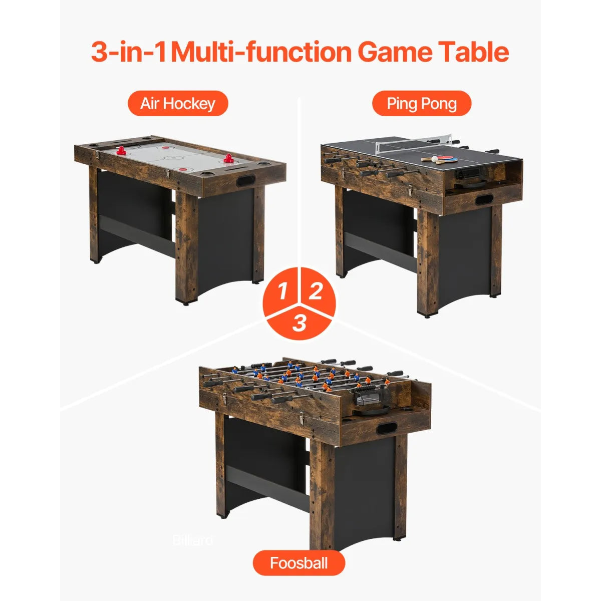 3-in-1 Combo Game Table with Air Hockey, Ping Pong and Foosball, Rustic Wood Finish