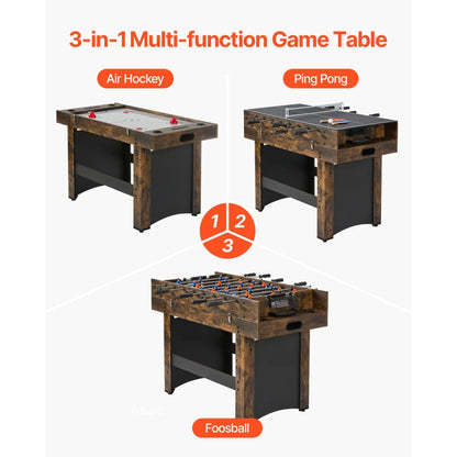 3-in-1 Combo Game Table with Air Hockey, Ping Pong and Foosball, Rustic Wood Finish