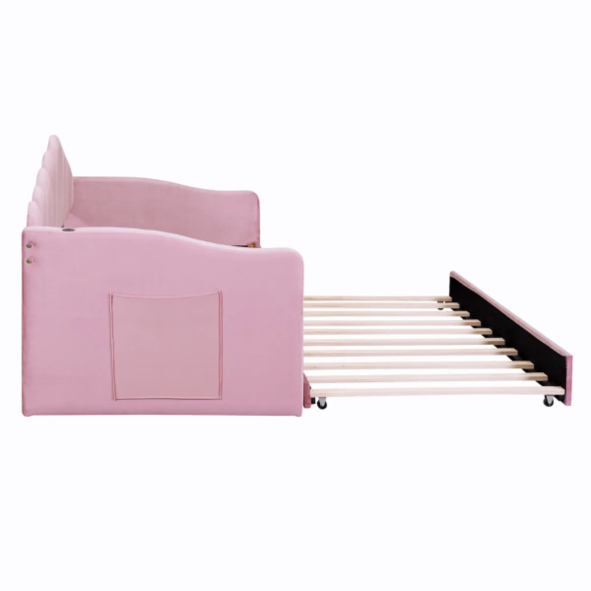 Twin Size Upholstered Daybed with Trundle – Velvet Sofa Bed with USB Charging, Pink – view 2