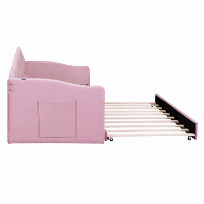 Twin Size Upholstered Daybed with Trundle – Velvet Sofa Bed with USB Charging, Pink – view 2