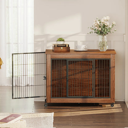 Dog Crate Furniture End Table with Wheels, Brown