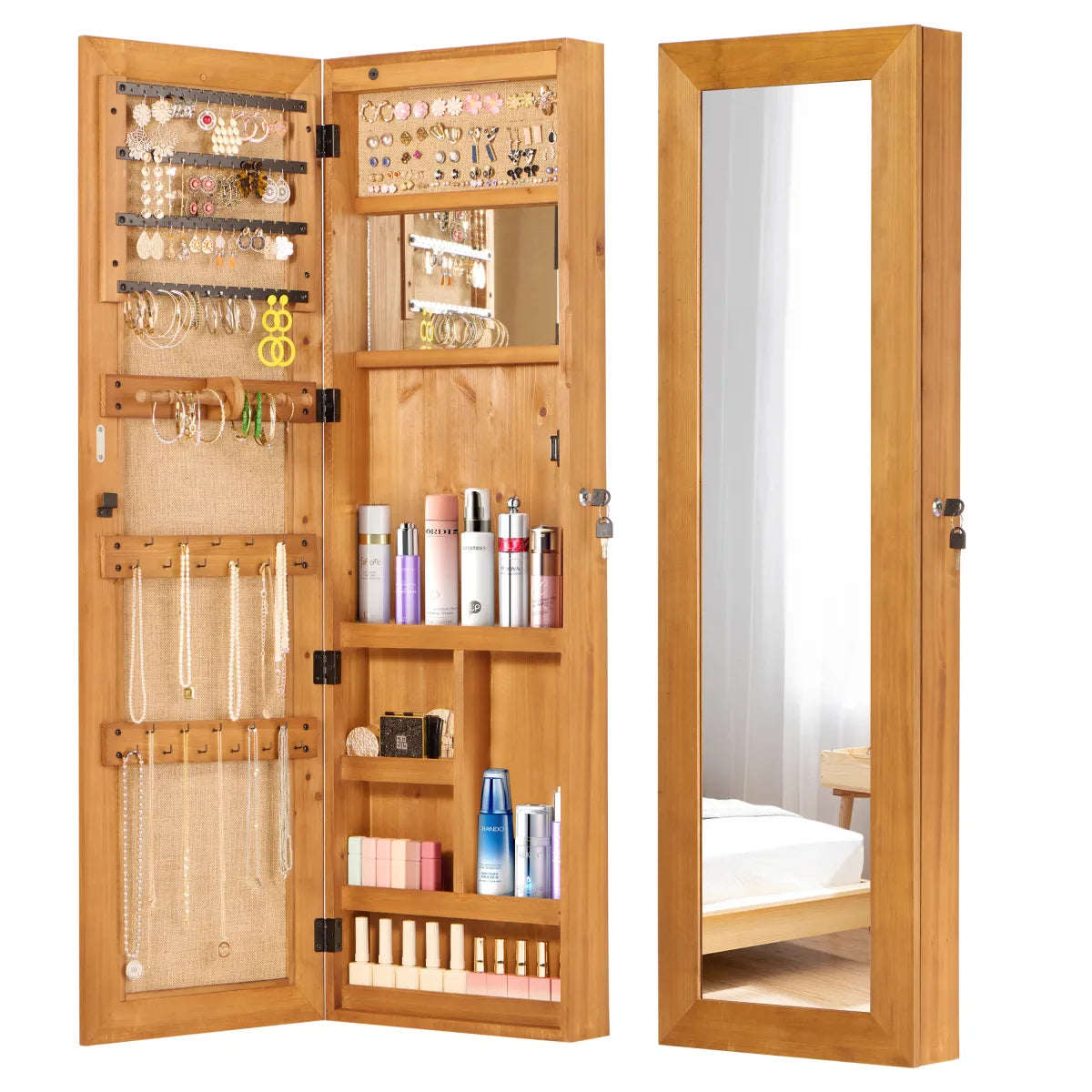 Wall-Mounted Solid Wood Jewelry Armoire with LED Mirror