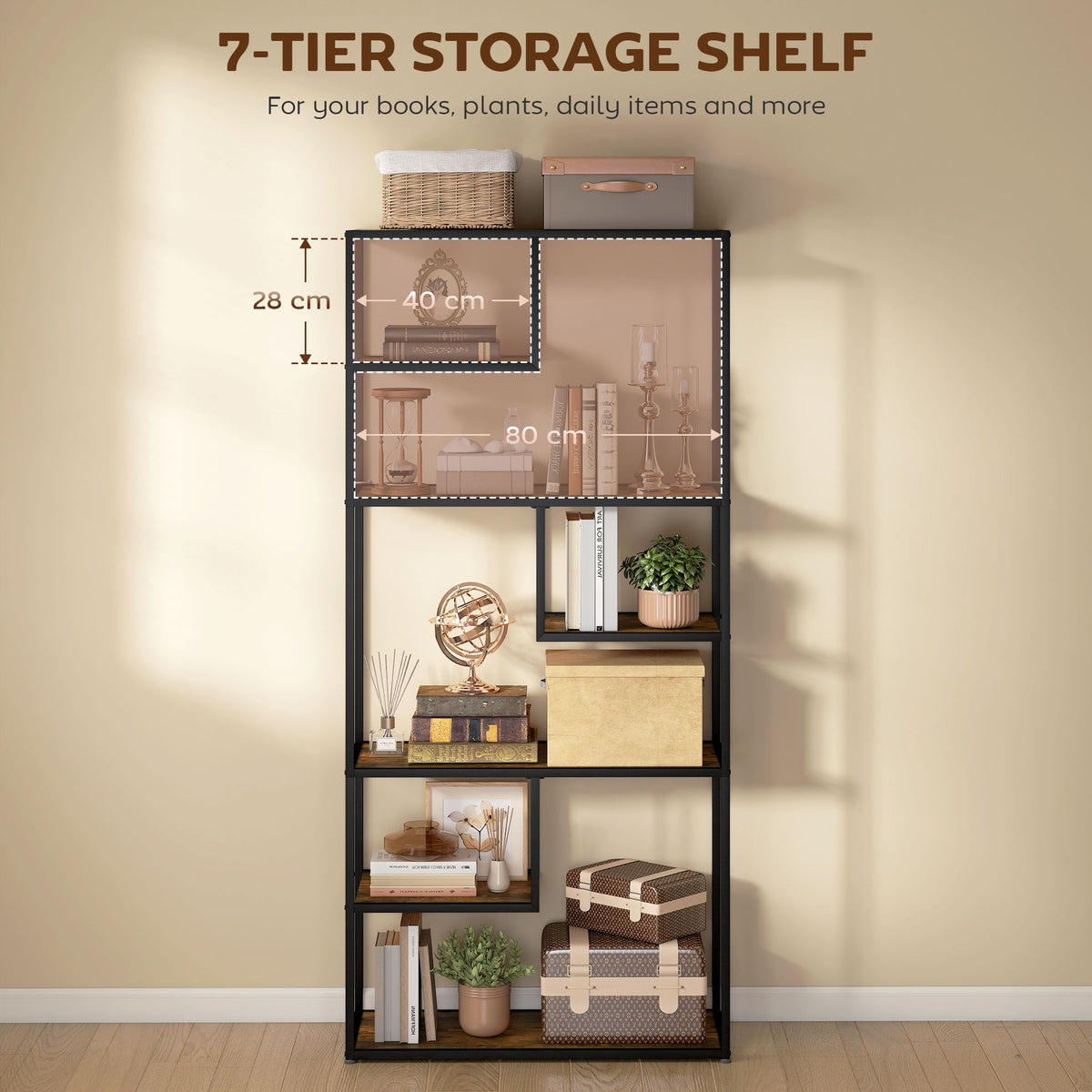 Industrial 6-tier bookcase, rustic brown