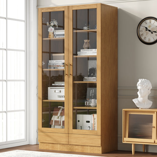 Tall glass display cabinet with drawer