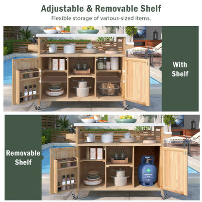 Outdoor Kitchen Island Bar Cart with Storage Cabinet, Natural