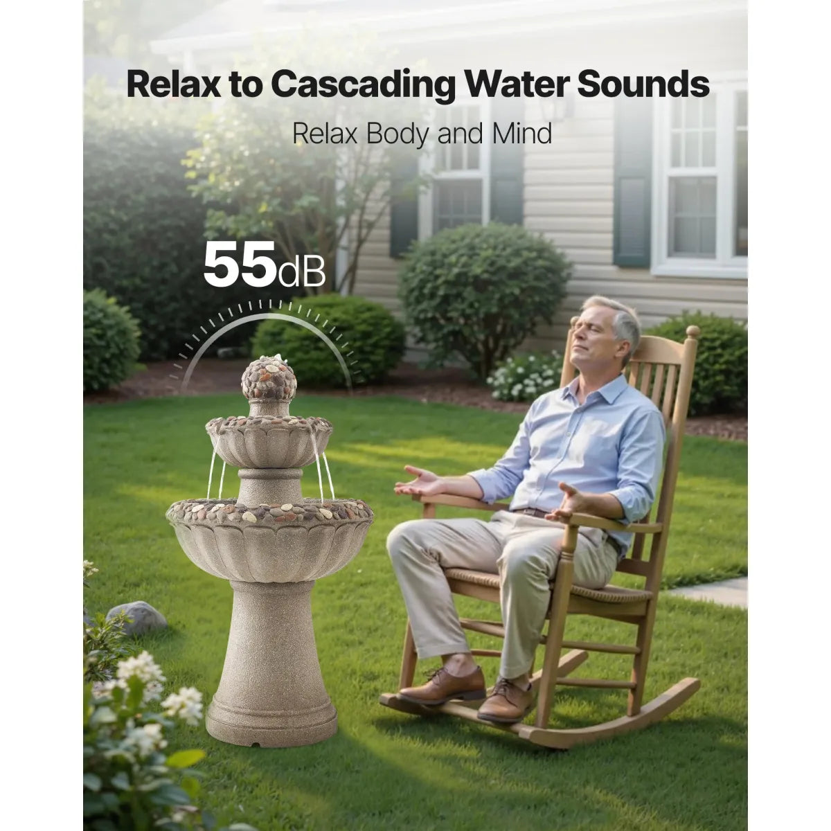 2-Tier Rock Base Outdoor Water Fountain with Cascading Bowls