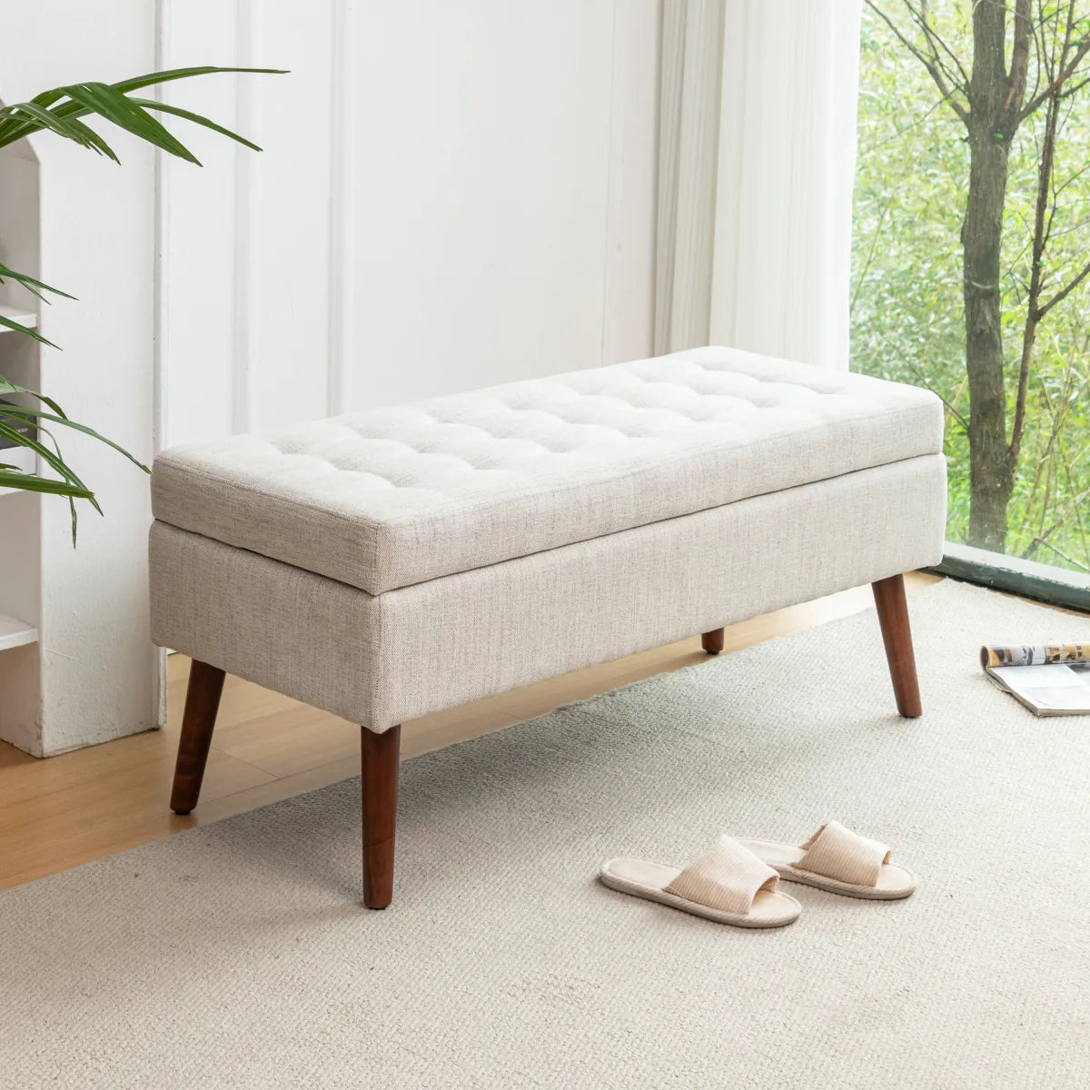 Mid-Century Tufted Storage Bench with Wood Legs, Off White