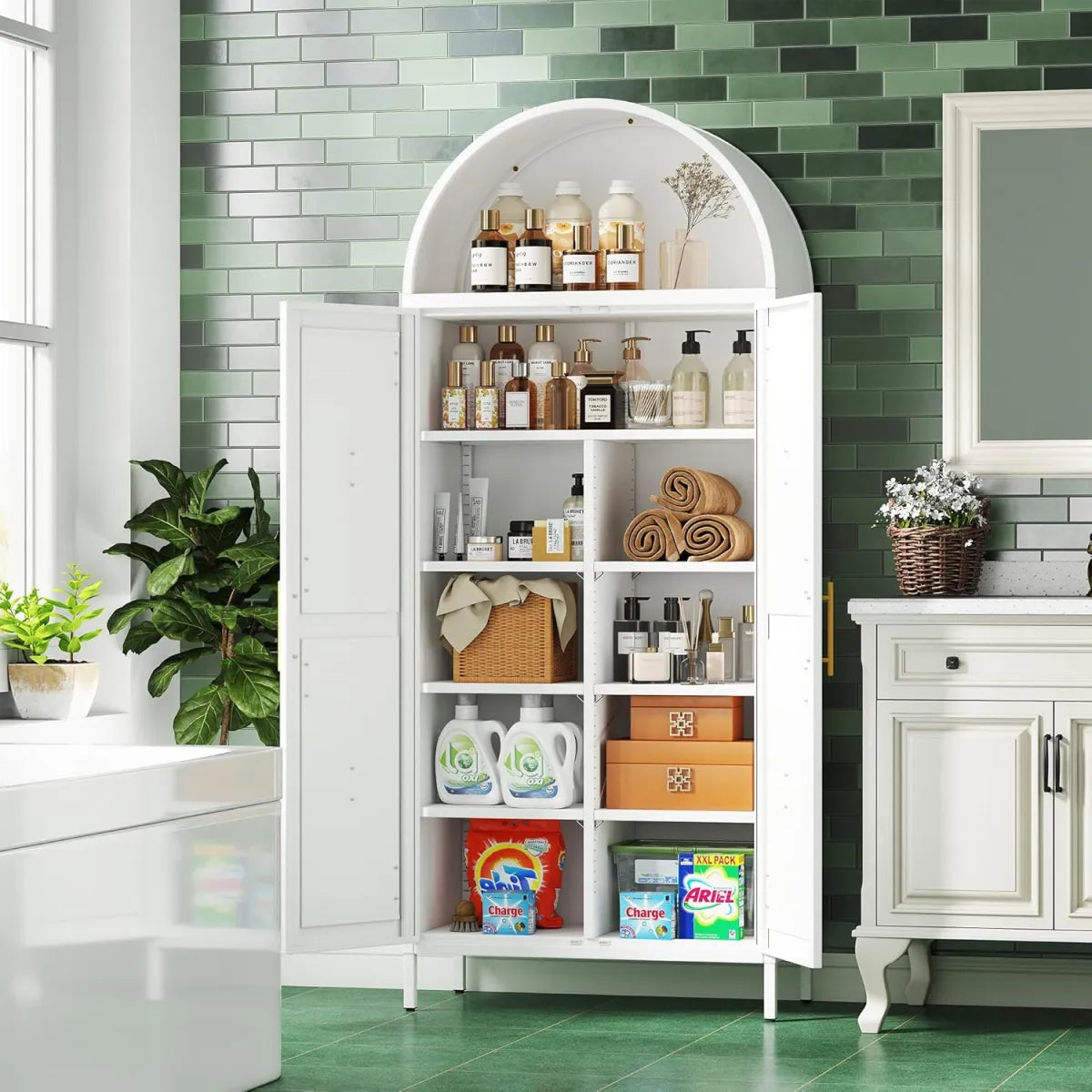 31" Tall Arched Kitchen Pantry Cabinet – Metal, White Freestanding Storage – view 7