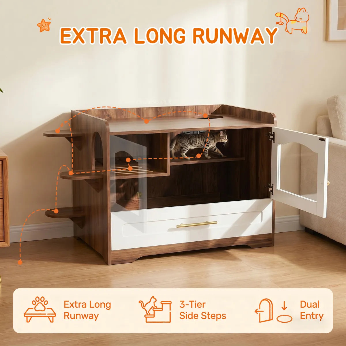 Cat Litter Box Enclosure Cabinet with Acrylic Door, Brown White