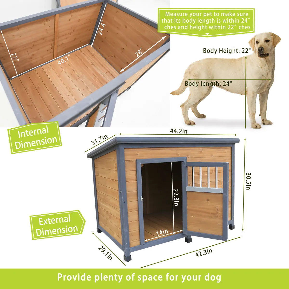 45" Large Wooden Dog House with Waterproof PVC Roof, Gray and Yellow