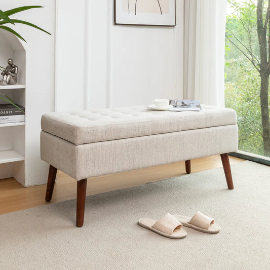 Mid-Century Tufted Storage Bench with Wood Legs, Off White