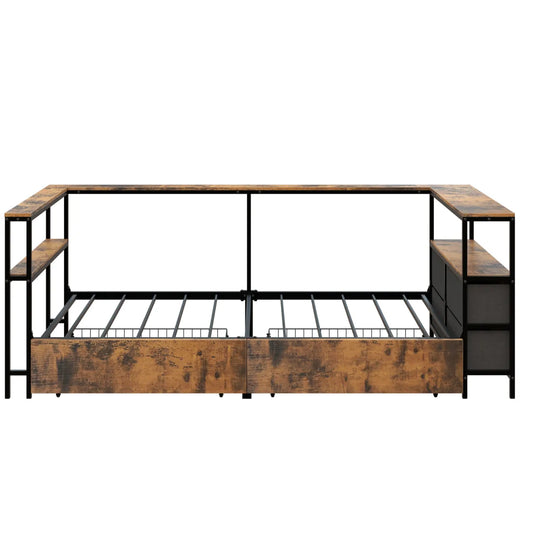 Twin Corner Daybed with Storage Drawers, Metal Platform Bed Frame