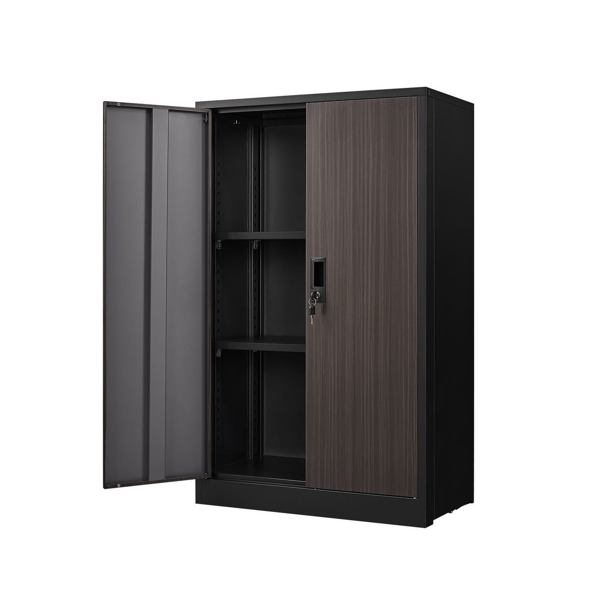 Folding metal storage cabinet with locking doors