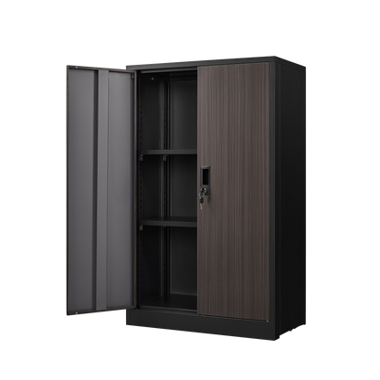 Folding metal storage cabinet with locking doors