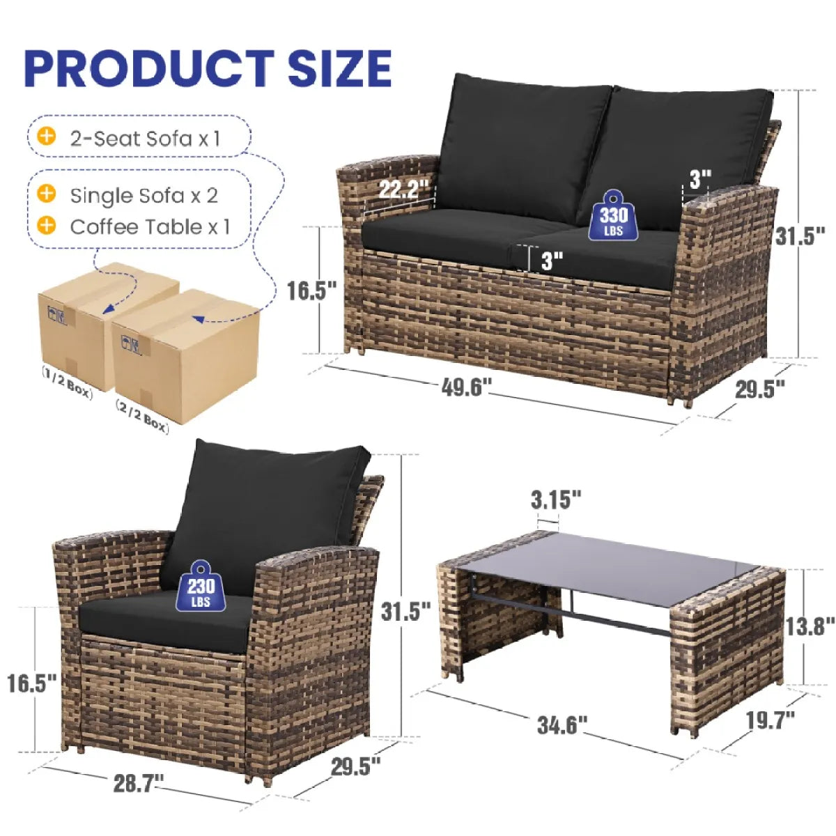 4-Piece Wicker Rattan Patio Conversation Set with Glass Table, Brown